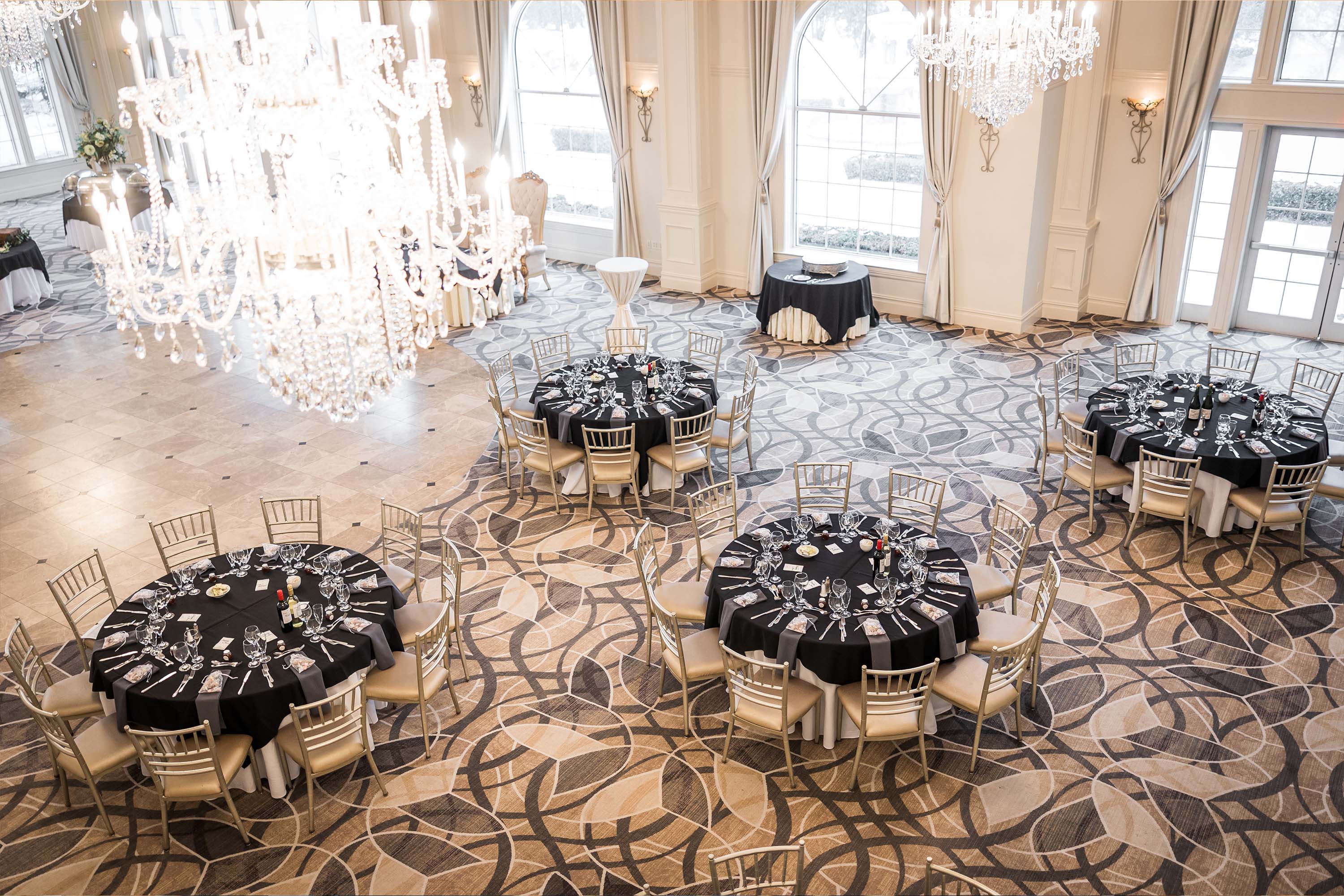 aerial shot of aria's ballroom set for a reception
