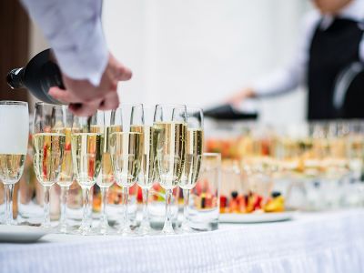 table of champagne flutes for guests